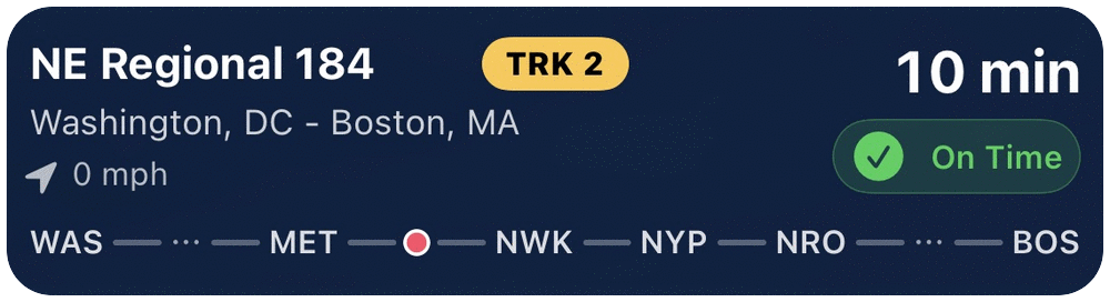 Close-up of a TrackWatch Live Activity card showing an amber TRK 2 pill, route line and on-time badge
